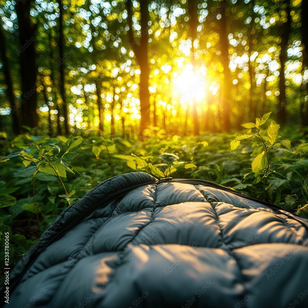 Poster a serene forest scene with sunlight streaming through trees, illuminating lush greenery and a cozy q