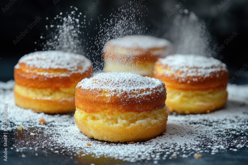 Poster a close-up shot of three doughnuts with a generous coating of powdered sugar