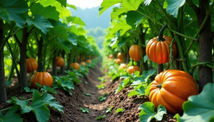 Pumpkin vines entwined with twigs and branches, greenery, farm, branches
