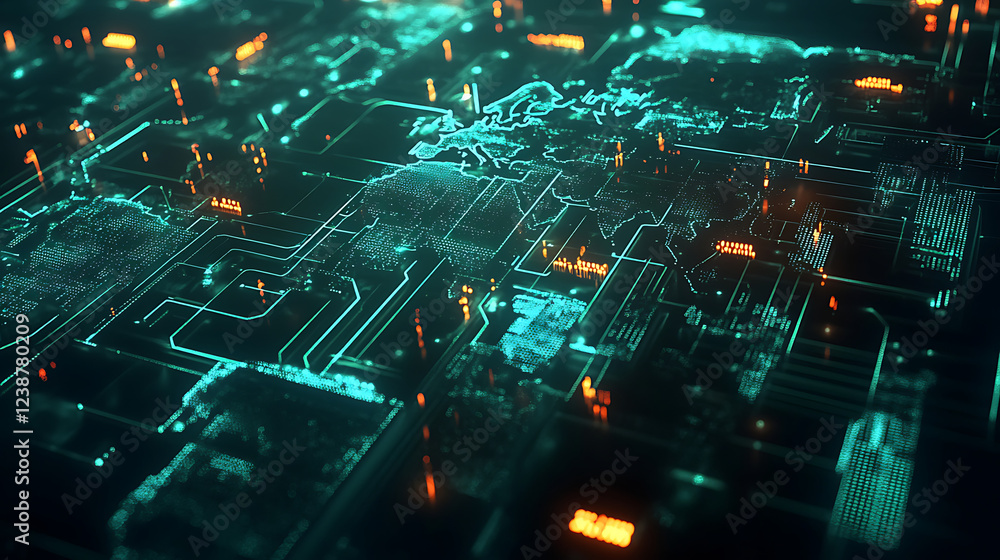 Aufkleber a vibrant digital circuit board with glowing lines and nodes, showcasing advanced technology and int