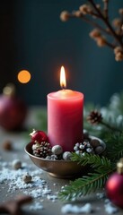 Single colored candle lit with a shamash in a small metal holder, centerpiece, small container, winter theme