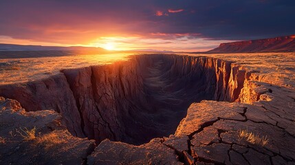 Dramatic Sunset Over Parched and Cracked Desert Landscape