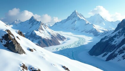 Snowy mountain peaks with a serene glacier in the distance slowly melting, peaks, melting