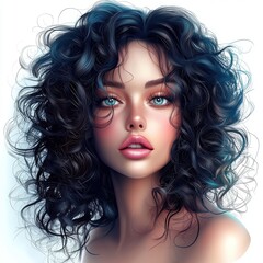 Fototapeta premium Sensual woman with voluminous curls, soft pink lips, and intense eye contact, isolated on white background