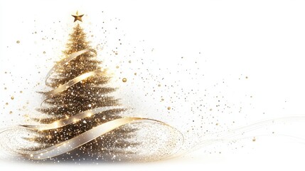 Elegant christmas tree with golden decorations and star on white background