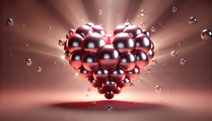 Glossy pink metallic heart surrounded by sparkling bubbles and shimmering light effects, evoking love and elegance..