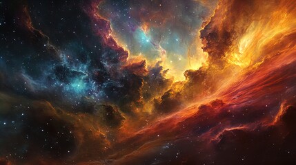 Fototapeta premium A stunning cosmic landscape depicting a vibrant nebula filled with swirling clouds of gas and dust. The image features rich hues of orange, blue, and violet, with sparkling stars scattered throughout 