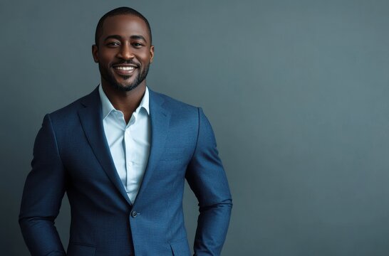 The portrait of a Black man in a luxurious light blue suit conveys confidence and warmth, ideal for representing professionalism and reliability in business environments.