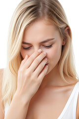 Naklejka premium A woman wiping a tear, caught in an emotional moment. isolated on a white background