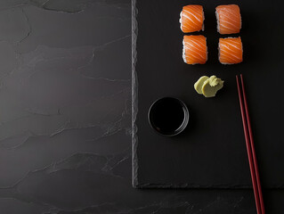 Minimalist sushi platter on black slate with nigiri and maki featuring fresh salmon, tuna, and avocado, accompanied by soy sauce and chopsticks, with soft lighting highlighting vibrant colors.