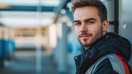 Portrait of a young construction worker in safety gear with a confident expression, symbolizing skill and professionalism. Perfect for industry, workforce, and engineering themes.