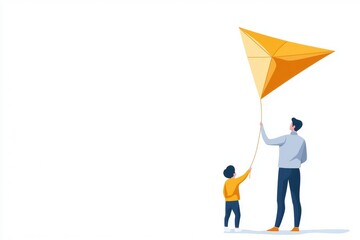 Joyful Father and Child Flying a Kite Together in a Bright Outdoor Moment
