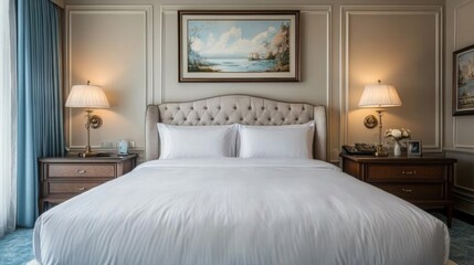 Luxurious hotel bedroom with elegant decor and comfortable king-size bed