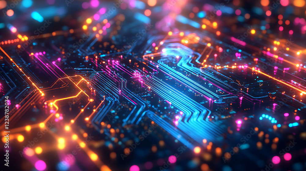 Poster a vibrant, close-up view of a circuit board illuminated with colorful lights, showcasing intricate p