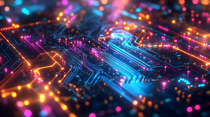 Fototapeta premium A vibrant, close-up view of a circuit board illuminated with colorful lights, showcasing intricate patterns and electric connections.