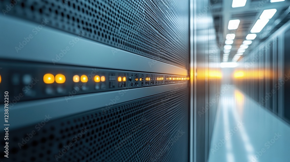 Poster close-up view of illuminated server racks in a modern data center with blurred background