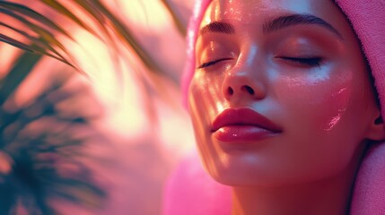 Peaceful young woman relaxing with closed eyes under tropical plants in soft pink lighting