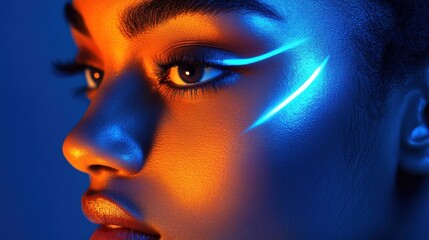 Fototapeta premium Close-up of woman with neon face paint under dynamic blue and orange lighting