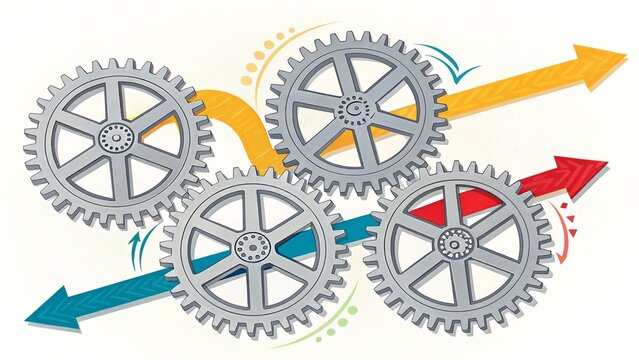 Strategic alignment of interlocking gears with bright arrows in a business environment to symbolize collaboration