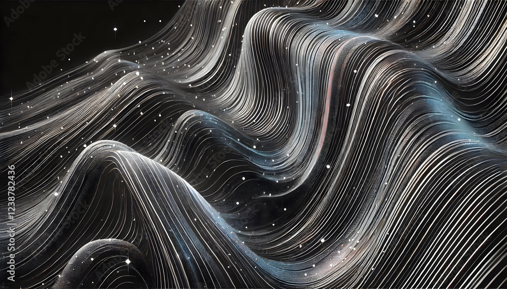 Poster elegant wavy lines with a metallic sheen and starry accents, creating a sophisticated and abstract v