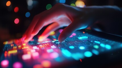Close up of a hand skillfully manipulating a futuristic, illuminated mixing console, crafting electronic music amidst vibrant bokeh lights in a dark environment