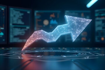  A hovering, three-dimensional holographic arrow in a control room.