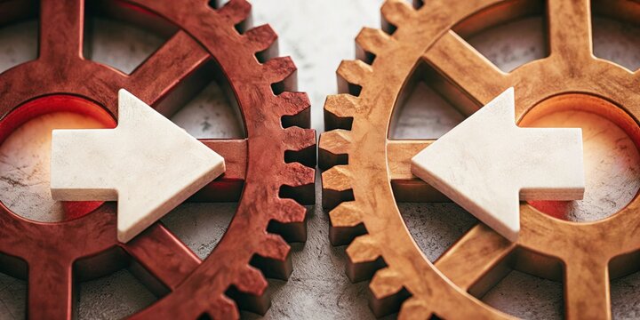 Strategic alignment of interlocking gears with bright arrows business environment abstract concept dynamic viewpoint for enhanced collaboration