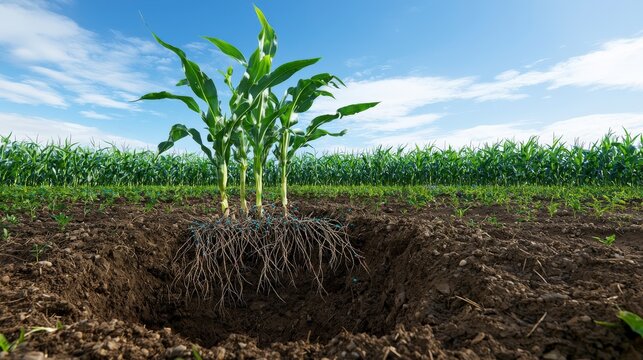 Corn plant growth and root development agricultural field scientific diagram sunny environment close-up view soil health
