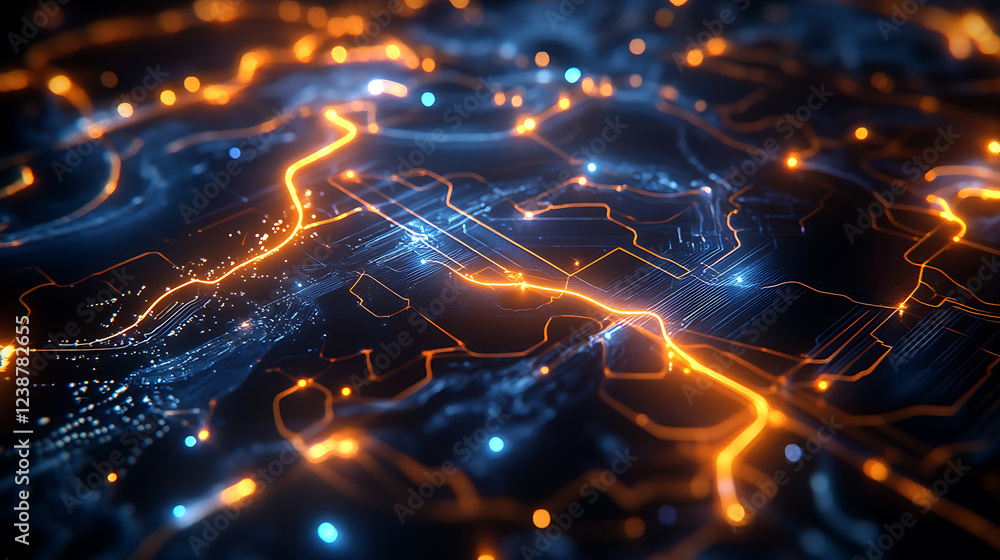 Poster a vibrant, abstract representation of a digital landscape, featuring glowing lines and interconnecte