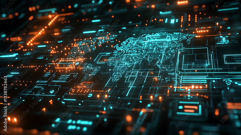 Poster a vibrant digital landscape featuring glowing circuitry and intricate patterns, representing advance