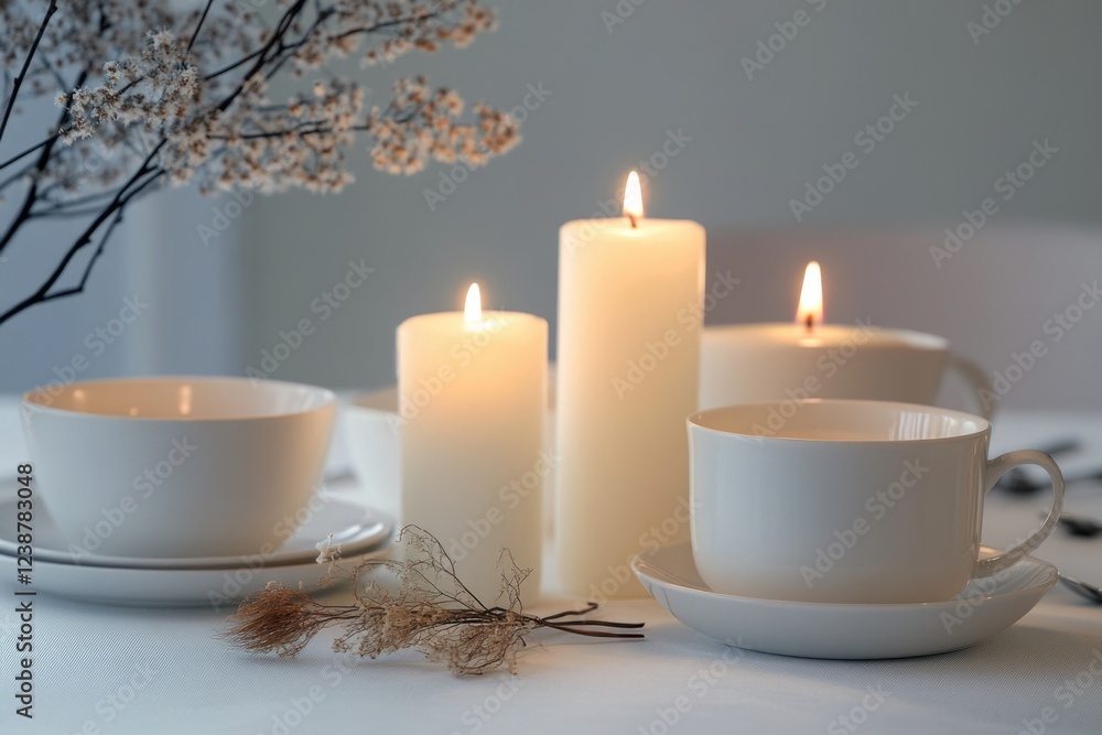 Aufkleber a simple table setting with a lit candle and a white cup and saucer