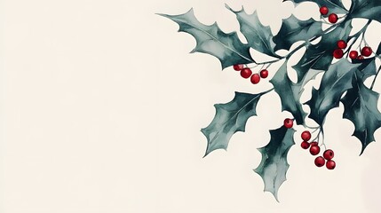 Watercolor Painting of Holly Berries and Leaves