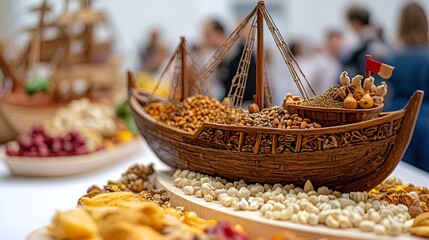 Fototapeta premium Wooden dhow spice boat display, event, blurred background, food