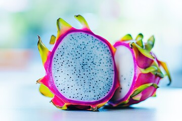 A slice of dragon fruit on a table, great for food or nature photography