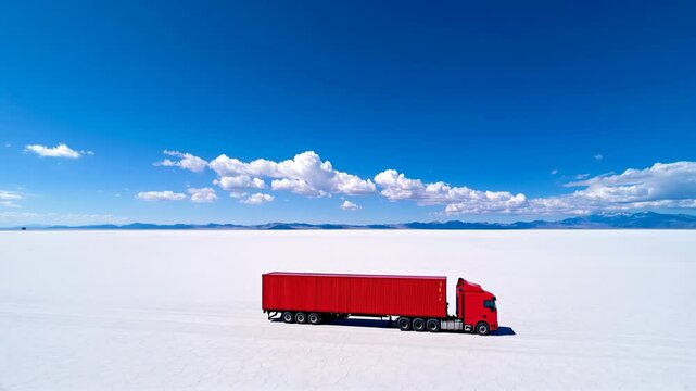 Camion poids lourd rouge au milieu d'une vaste &eacute;tendue d&eacute;sertique.