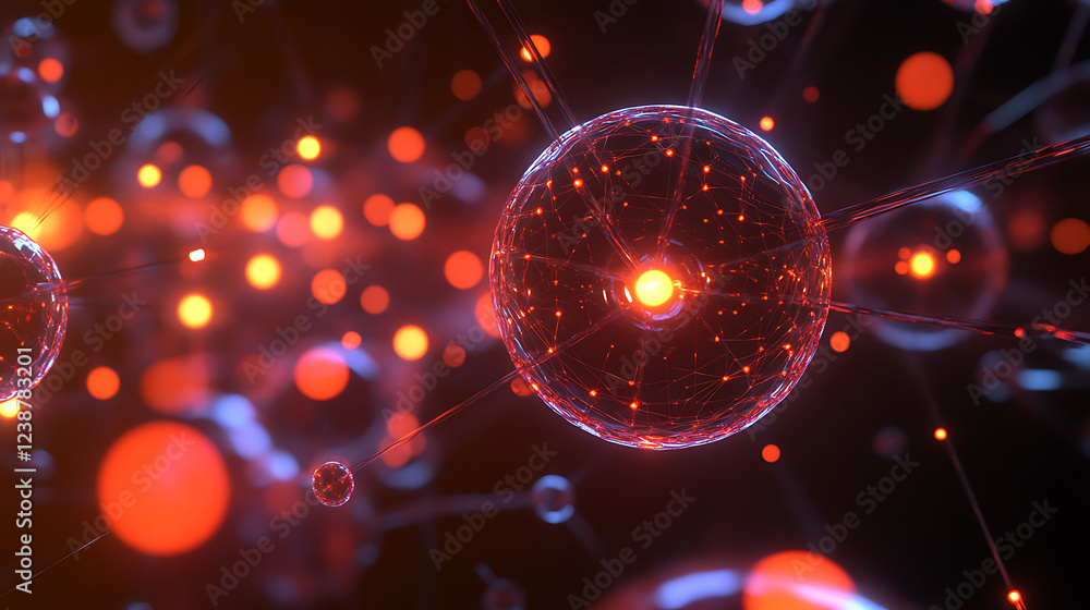 Aufkleber a vibrant depiction of glowing particles and spheres, representing molecular structures in a colorfu