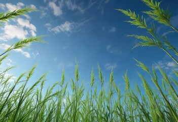 Fototapeta premium Tall, verdant rice stalks stretching towards the sky with a clear blue summer sky , sky, rice stalks, yellow
