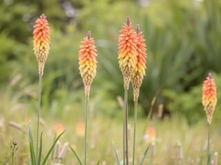 Tall stalks of kniphofia tritoma torch lilies standing in a field, farm scenery, meadow landscape, hot yellow flowers