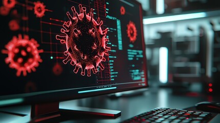 Glowing red virus icon on a digital screen, symbolizing cybersecurity threats and medical epidemics. Perfect for technology, healthcare, data security, and news report themes.
