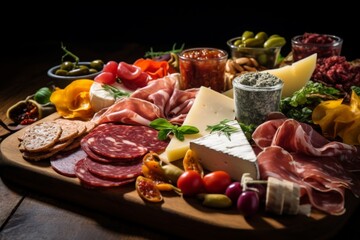 Wooden board with different type of cured meats and cheese
