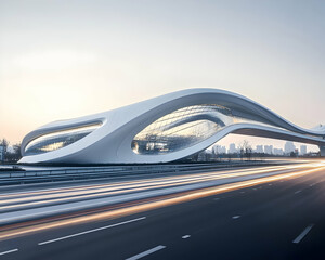 Obraz premium Futuristic Bridge: Architectural Marvel in Cityscape