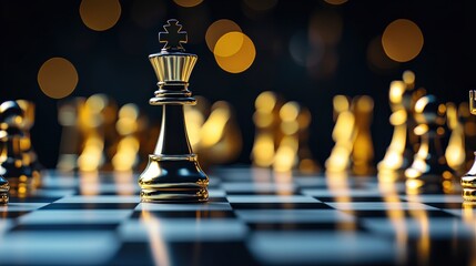 Golden chess king standing tall on a board, symbolizing strategy, leadership, and success. Perfect for business, finance, competition, and decision-making themes.