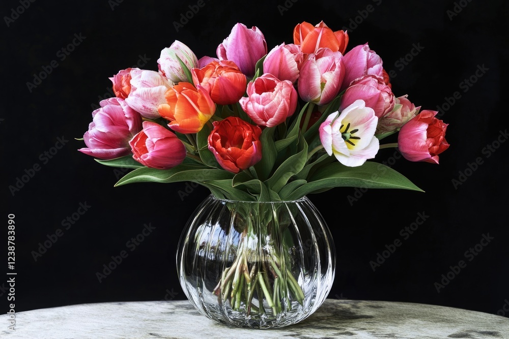 Poster a still life image of a vase filled with colorful tulips, perfect for decorative or editorial use