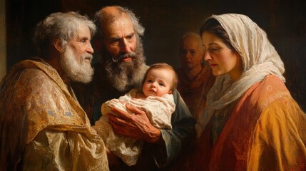 Historical family gathering: elderly men and woman with baby looking emotional and thoughtful