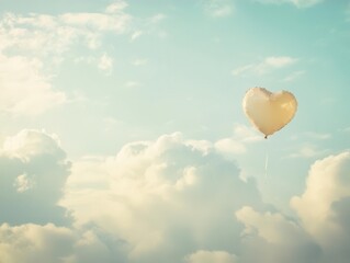Obraz premium whimsical floating heart balloon against dreamy sky backdrop with soft clouds and gentle sunlight