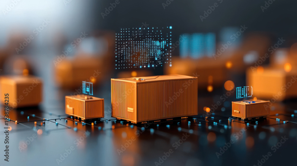 Poster advanced cargo containers in digital shipping port, showcasing cyber enhancements and data visualiza