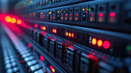 Fototapeta premium Close-up view of illuminated server racks showcasing data processing technology in action