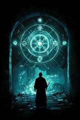 A silhouetted figure of a robed mage stands in an ancient stone archway, facing an ethereal, glowing circular symbol with mystical diagrams and constellations. The background is a blend of dark shadow