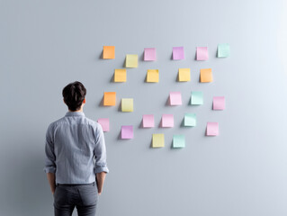 Fototapeta premium man in casual clothes stands in front of wall covered with colorful sticky notes, deep in thought