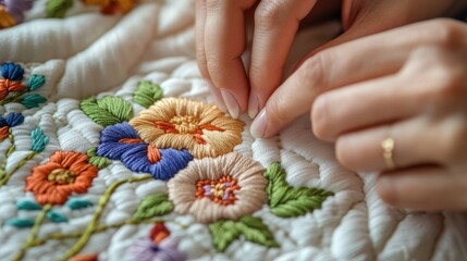 Close-up of hands crafting colorful floral embroidery with skillful needlework detail